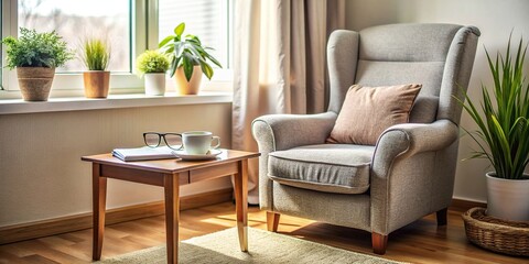 A cozy room with a comfortable armchair and a table with e-reader and reading glasses