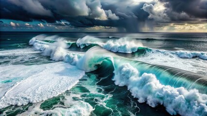 Aerial view of powerful dark ocean waves crashing with white foam, captured during a stormy day in the Indian Ocean
