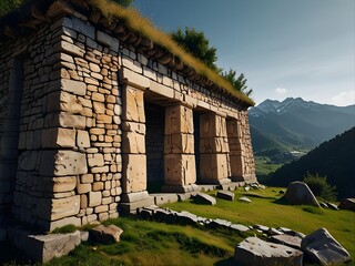 Mountain with ancient ruins on its slopes, historical and mysterious, stone structures and nature, past and present, generative AI