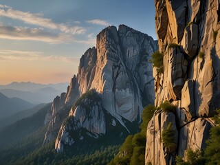Mountain with sheer rock faces perfect for climbing, adventurous and challenging, vertical world, rock climber’s dream, generative AI