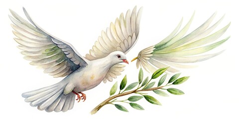 Watercolor painting of a serene dove flying with an olive branch, perfect for confirmation celebrations