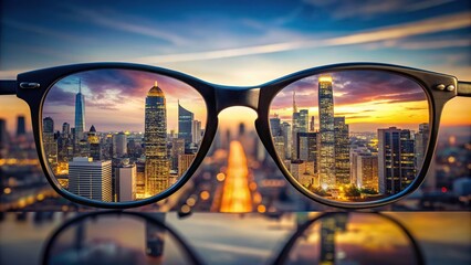 Clear vision concept of a cityscape seen through lenses of eyeglasses
