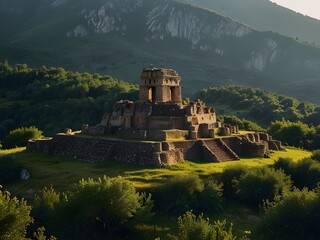 Mountain with ancient ruins on its slopes, historical and mysterious, stone structures and nature, past and present, generative AI