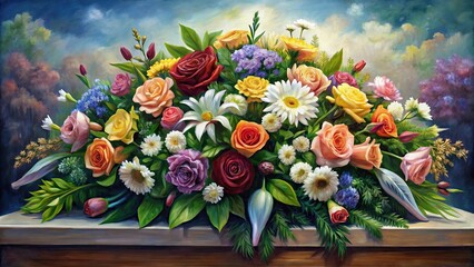 Detailed painting of funeral flower arrangement suitable for condolences card