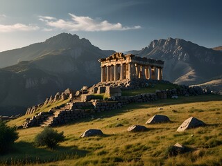 Mountain with ancient ruins on its slopes, historical and mysterious, stone structures and nature, past and present, generative AI