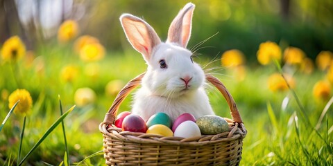 White rabbit holding a basket filled with Easter eggs