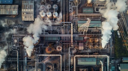 Modern industrial area aerial view and cloud computing concept. Communication network. Industry 4.0. Factory automation.