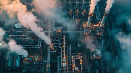 Modern industrial area aerial view and cloud computing concept. Communication network. Industry 4.0. Factory automation.