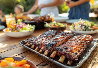 Naklejka premium A table set with a variety of barbeque dishes, including ribs, chicken, and salads. People in the background serve themselves, enjoying the delicious spread at the barbeque party.