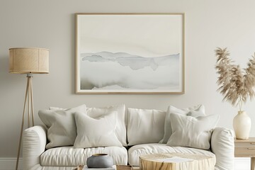 Frame mockup featuring a watercolor landscape, harmonizing with a serene living room ambiance.