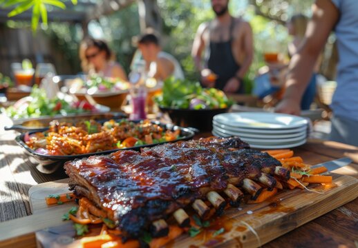 A table set with a variety of barbeque dishes, including ribs, chicken, and salads. People in the background serve themselves, enjoying the delicious spread at the barbeque party.