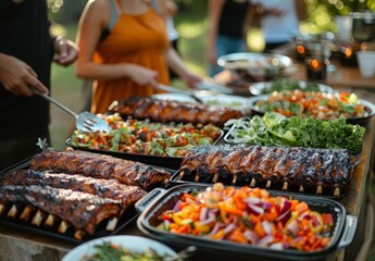 Obraz premium A table set with a variety of barbeque dishes, including ribs, chicken, and salads. People in the background serve themselves, enjoying the delicious spread at the barbeque party.