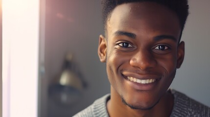 Smiling cheerful young adult african american ethnicity man looking at camera standing at home office background Happy confident black guy posing for headshot face front close up portr : Generative AI