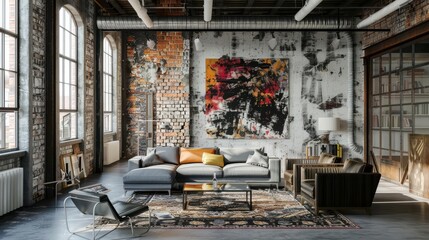 Frame mockup, an industrial loft with exposed brick walls and modern art pieces, blending the old and new in a stylish and contemporary setting