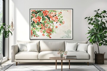 Frame mockup with a bright floral print, bringing a burst of spring to a light-filled living room.