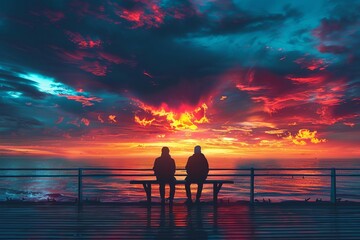 Two people sitting on a bench, watching a stunning sunset over the ocean with dramatic clouds in the sky.