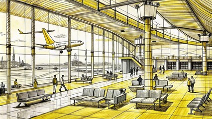 Hand-drawn modern airport in black and yellow fineliner pen with no people in sight
