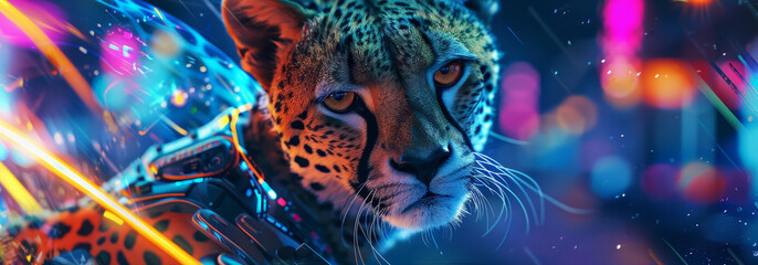 Futuristic charismatic cyber closeup of a cheetah in a cybernetic racing suit