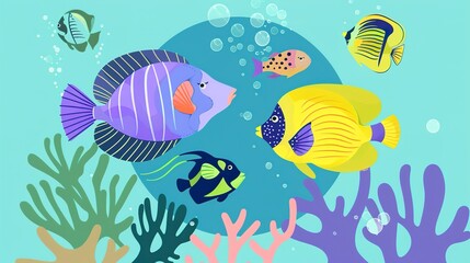 Naklejka premium Exotic fish swimming flat design front view, tropical paradise, animation, analogous color scheme 