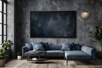 Frame mockup with a celestial map of the night sky, adding a cosmic touch to a modern living room.