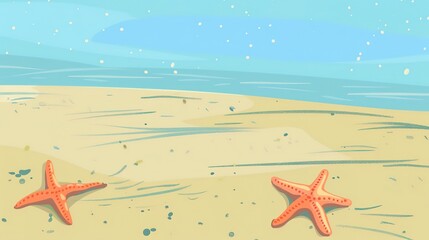 Starfish on sandy ocean floor flat design side view, tropical paradise, cartoon drawing, colored pastel 