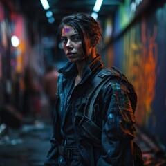 Fototapeta premium Cityscape Cyberpunk Vibes: Hyperrealistic Portrait with Neon Accents