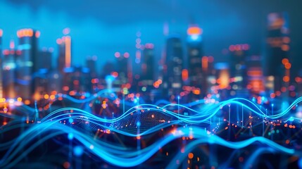 Smart city and big data connection technology concept with digital blue wavy wires with antennas on night megapolis city skyline background double exposure : Generative AI