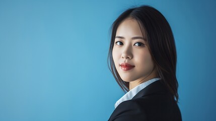 Asian young businesswoman portrait on blue background : Generative AI