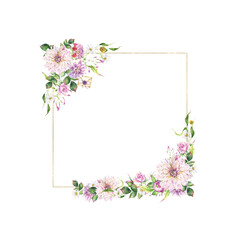 Square frame, golden with composition of watercolor flowers, spring and summer blooms, isolated on transparent background