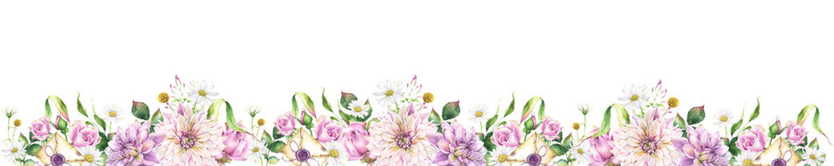 Floral border, isolated on transparent background, garden watercolor flowers,  romantic decoration, greeting and wedding cards design