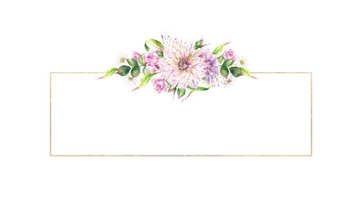 Watercolor illustration, rectangular composition with golden frame, border and composition of garden flowers, for wedding invitations, paper crafts