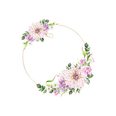 Round composition with flowers, golden frame clipart with watercolor floral illustrations, summer and spring blooms