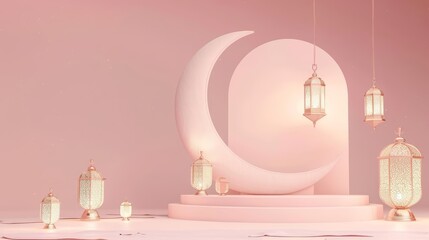 Minimal blank template card for Eid alFitr in pastel styles, featuring elements of crescent moon and lanterns, with a large copy space on center for text