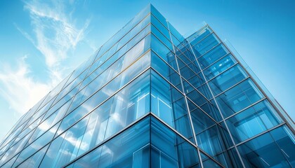 Modern glass architecture building with sleek, reflective surfaces, and innovative design, set against a clear blue sky