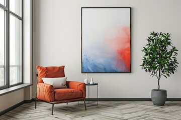 Frame mockup with a conceptual minimalist art piece, providing a thought-provoking element to a stylish living room.