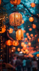 Nighttime cultural festival illuminated by lanterns, featuring dance performances, local cuisine, and joyous crowds in a festive atmosphere