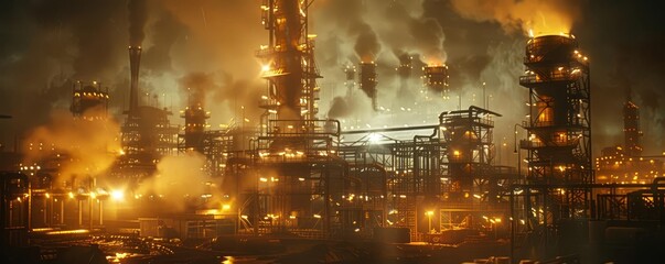 Nighttime industrial scene illuminated by artificial lights, highlighting steel structures, heavy machinery, and billowing steam