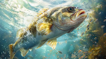 Vibrant underwater scene featuring a large fish swimming amidst colorful aquatic plants and bubbles, showcasing the beauty of marine life.