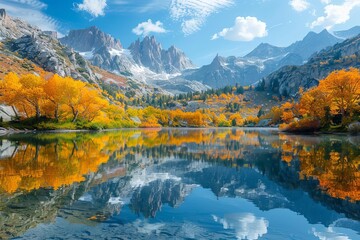 Perfect mirrorlike reflection of towering mountains in a tranquil alpine lake, with colorful autumn foliage framing the scene