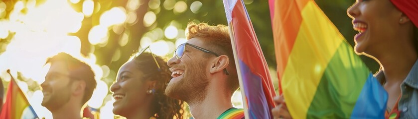 Diverse group of people celebrating at a pride parade, holding rainbow flags and smiling joyfully under the sunlight.