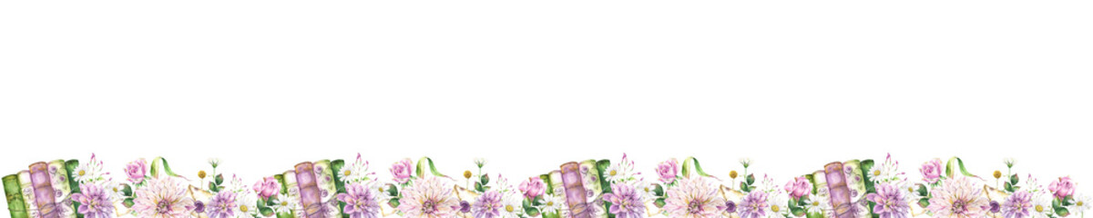 Watercolor clipart on transparent background, border, frame with garden flowers, vintage books, daisies, dahlias, roses, romantic illustration