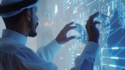 Muslim businessman working with floating data visualization screen : Generative AI