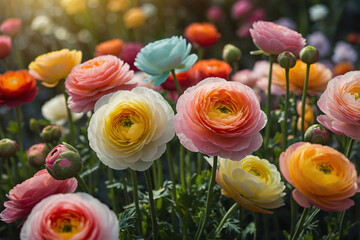 Colourful Ranunculus Flower Garden in Full Bloom Spring Season