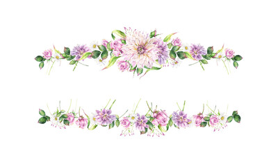 Watercolor flower border, rectangular frame with garden flowers, dahlias, roses, chrysanthemum, leaves and branches, wedding invitation, paper craft design