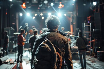 A person with a backpack watches a live band perform on stage in a dimly lit venue, capturing the essence of a music concert experience.