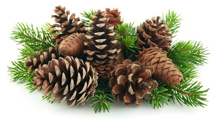 A vibrant selection of pine cones surrounded by green pine needles, perfect for holiday decoration or nature-related designs.