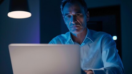 Happy mature business man executive manager looking at laptop computer watching online webinar or having remote virtual meeting video conference call negotiation corporate training wor : Generative AI