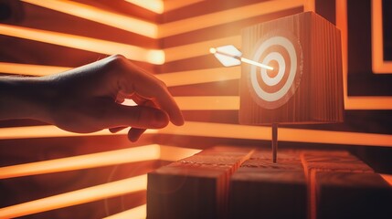 Hand putting virtual target board and arrow which print screen on wooden cube Business achievement goal and objective target concept : Generative AI
