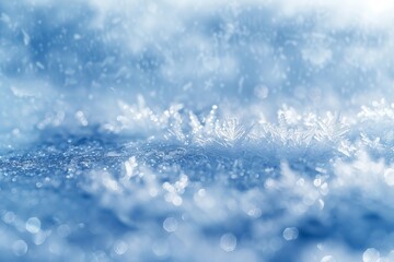 Close-up of delicate snowflakes on a wintery surface, creating a beautiful and serene icy landscape in soft blue tones.