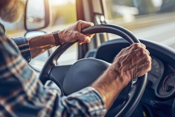 Close-up of elderly man hands driving a truck on a sunny day. Focus on detail of hands on the steering wheel, creating a sense of experience and safety.